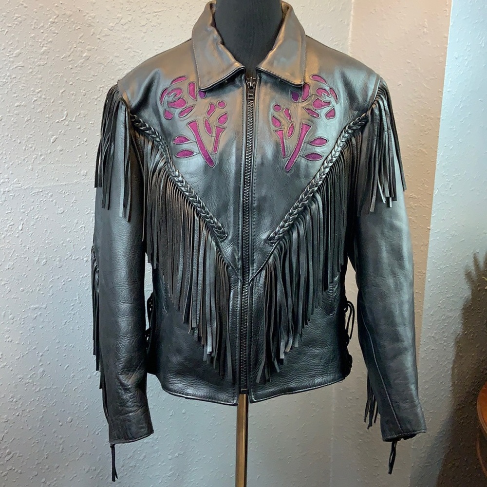 Vintage UNIK Genuine Leather Fringed Jacket Inlaid Purple Suede Roses Size Large
